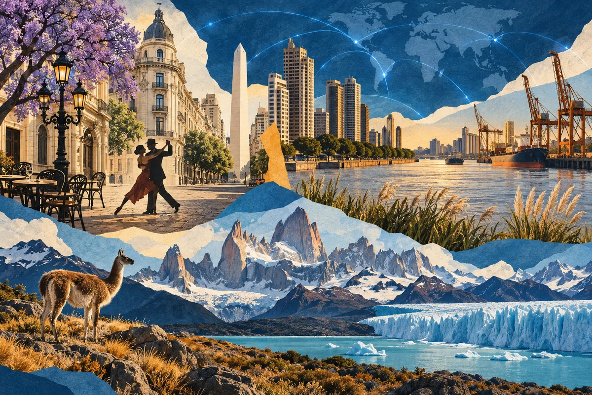 Illustrated collage of Argentina, inspired by Buenos Aires, Rosario, Patagonia.