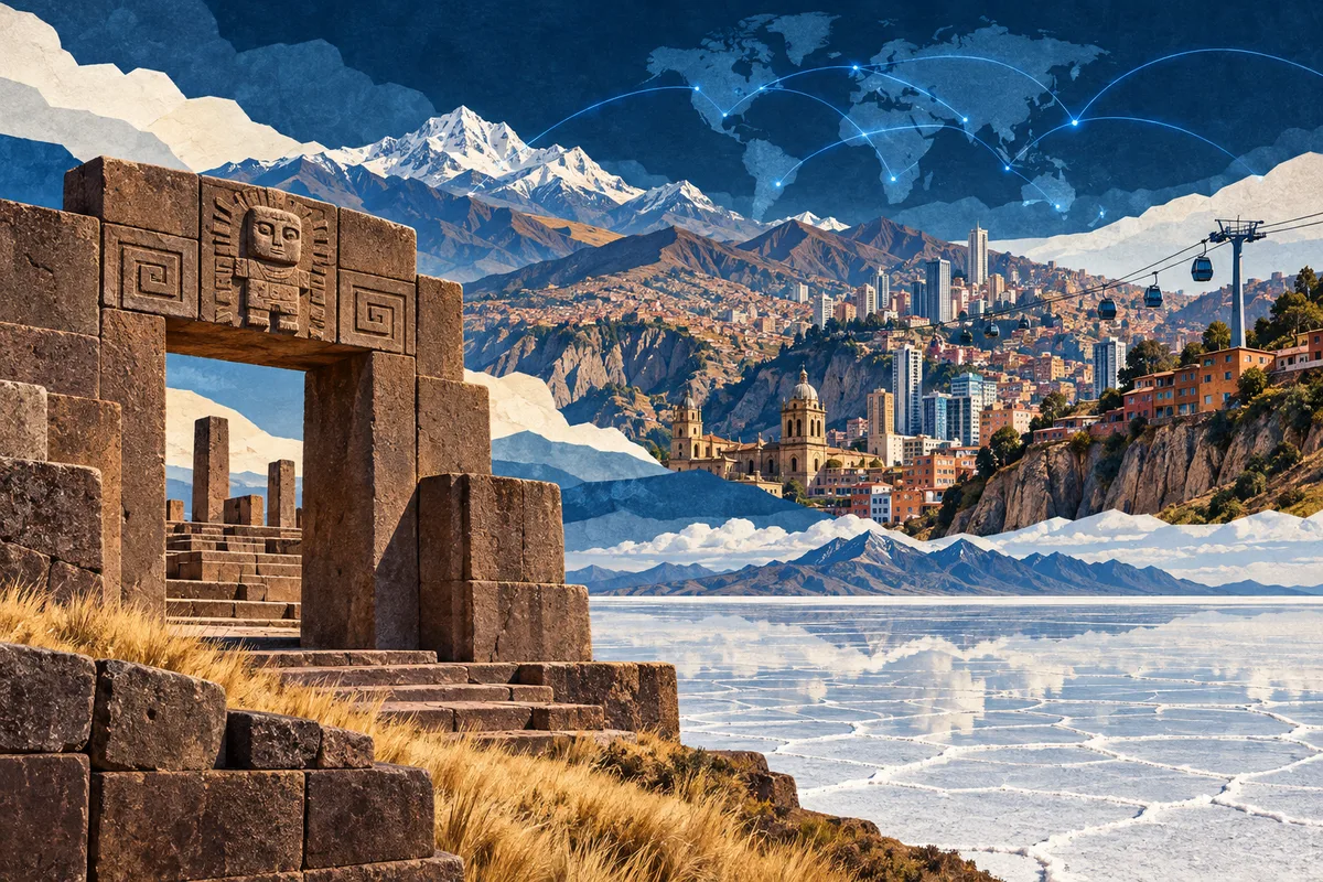 Illustrated collage of Bolivia, inspired by Tiwanaku, La Paz, Salar de Uyuni.