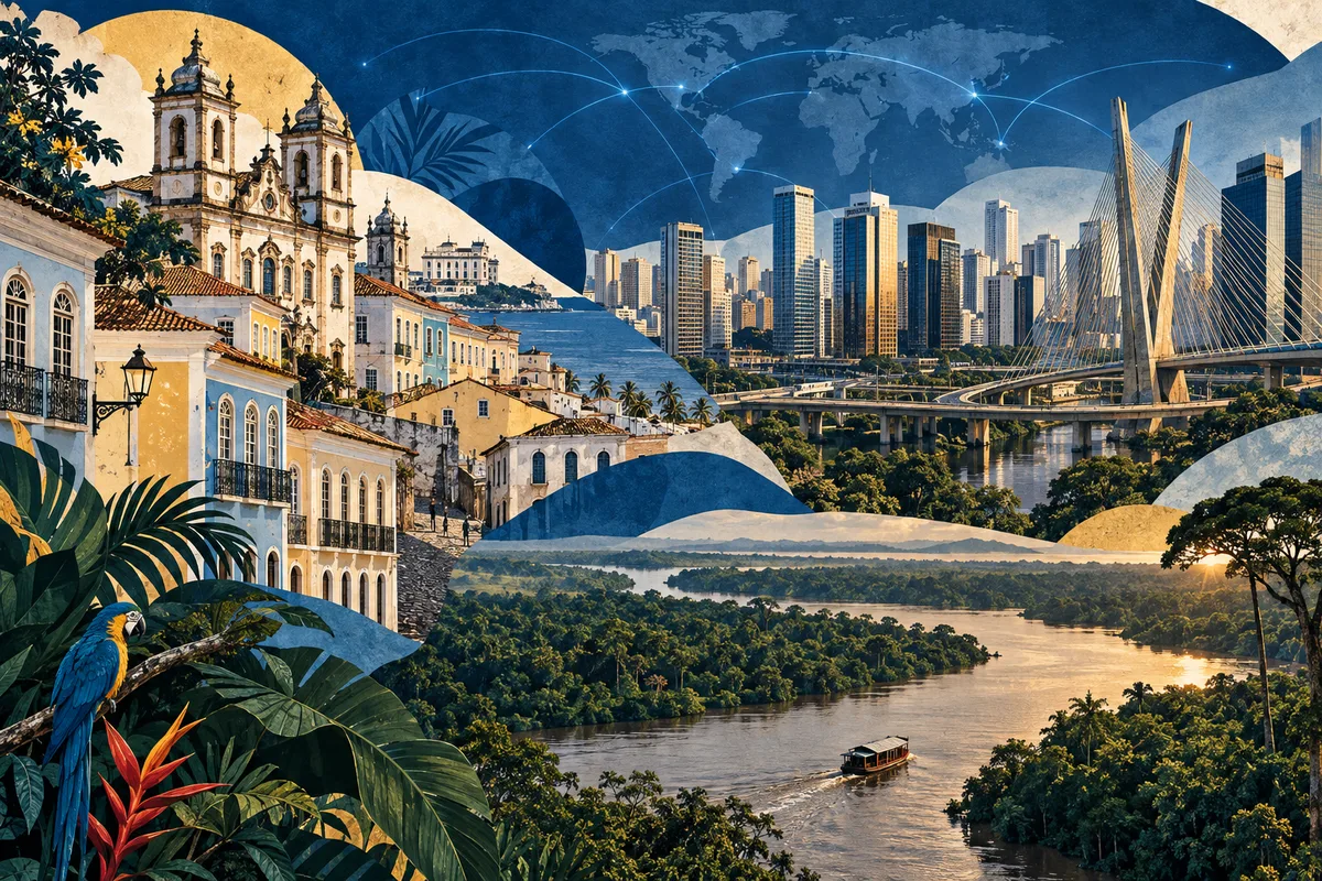 Illustrated collage of Brazil, inspired by Historic Centre of Salvador de Bahia, São Paulo, Amazon River.
