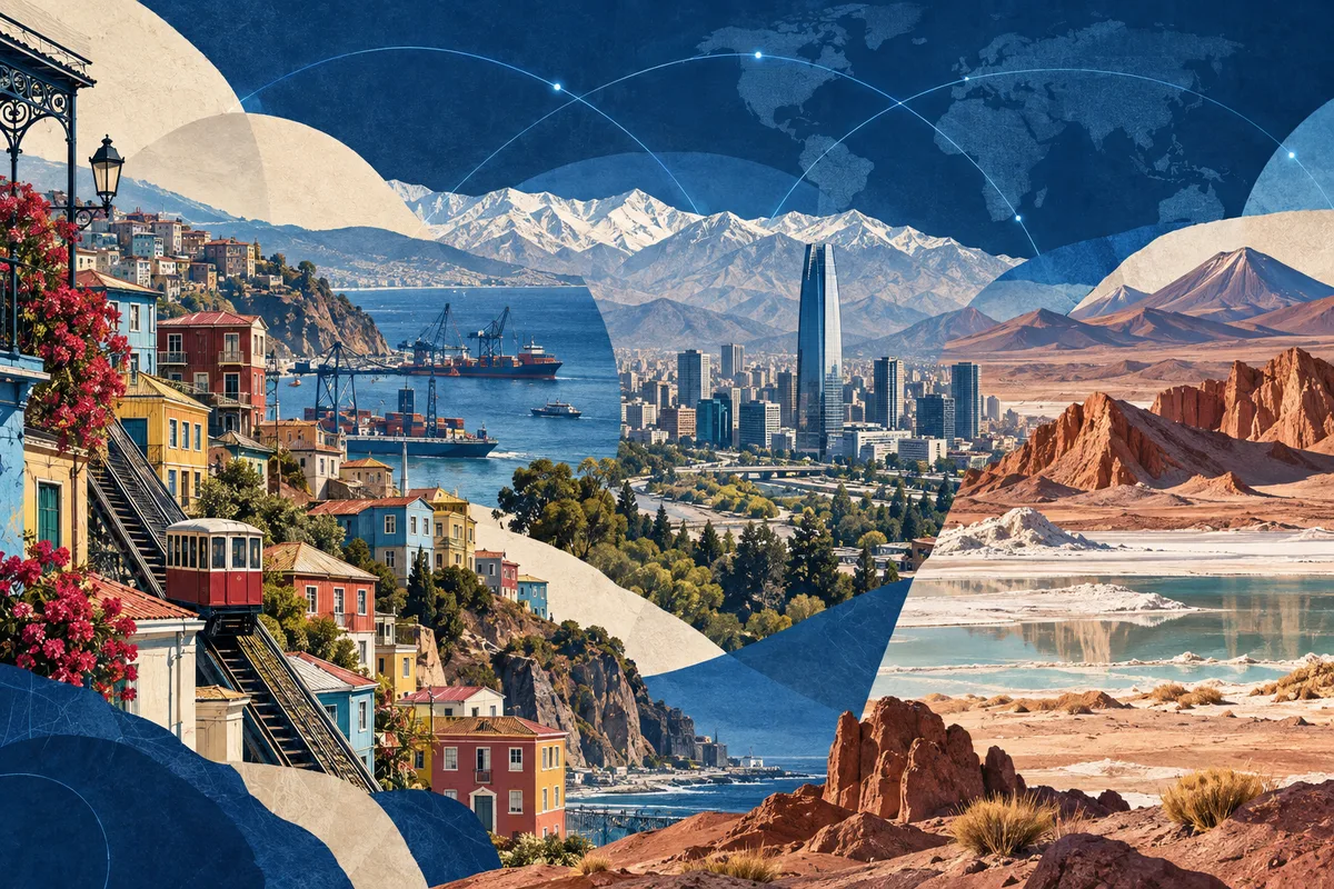 Illustrated collage of Chile, inspired by Valparaíso, Santiago, Atacama Desert.