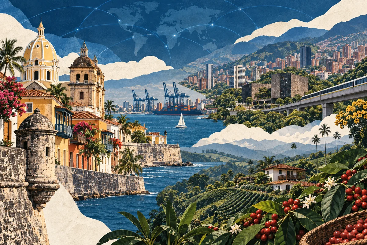 Illustrated collage of Colombia, inspired by Cartagena, Colombia, Medellín, Coffee Cultural Landscape of Colombia.