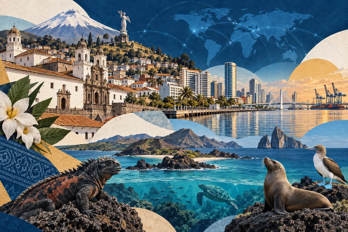 Illustrated collage of Ecuador, inspired by Quito, Guayaquil, Galápagos Islands.