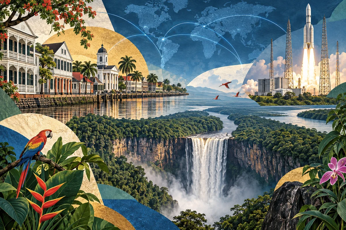 Illustrated collage of Guyana, Suriname and French Guiana, inspired by Paramaribo, Guiana Space Centre, Kaieteur Falls.