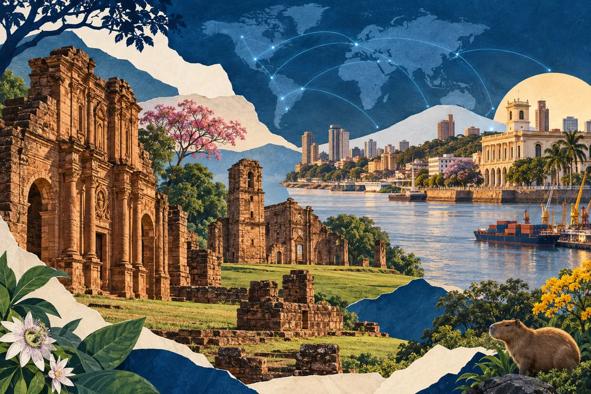 Illustrated collage of Paraguay, inspired by Jesuit Missions of La Santísima Trinidad de Paraná and Jesús de Tavarangue, Asunción, Paraguay River.