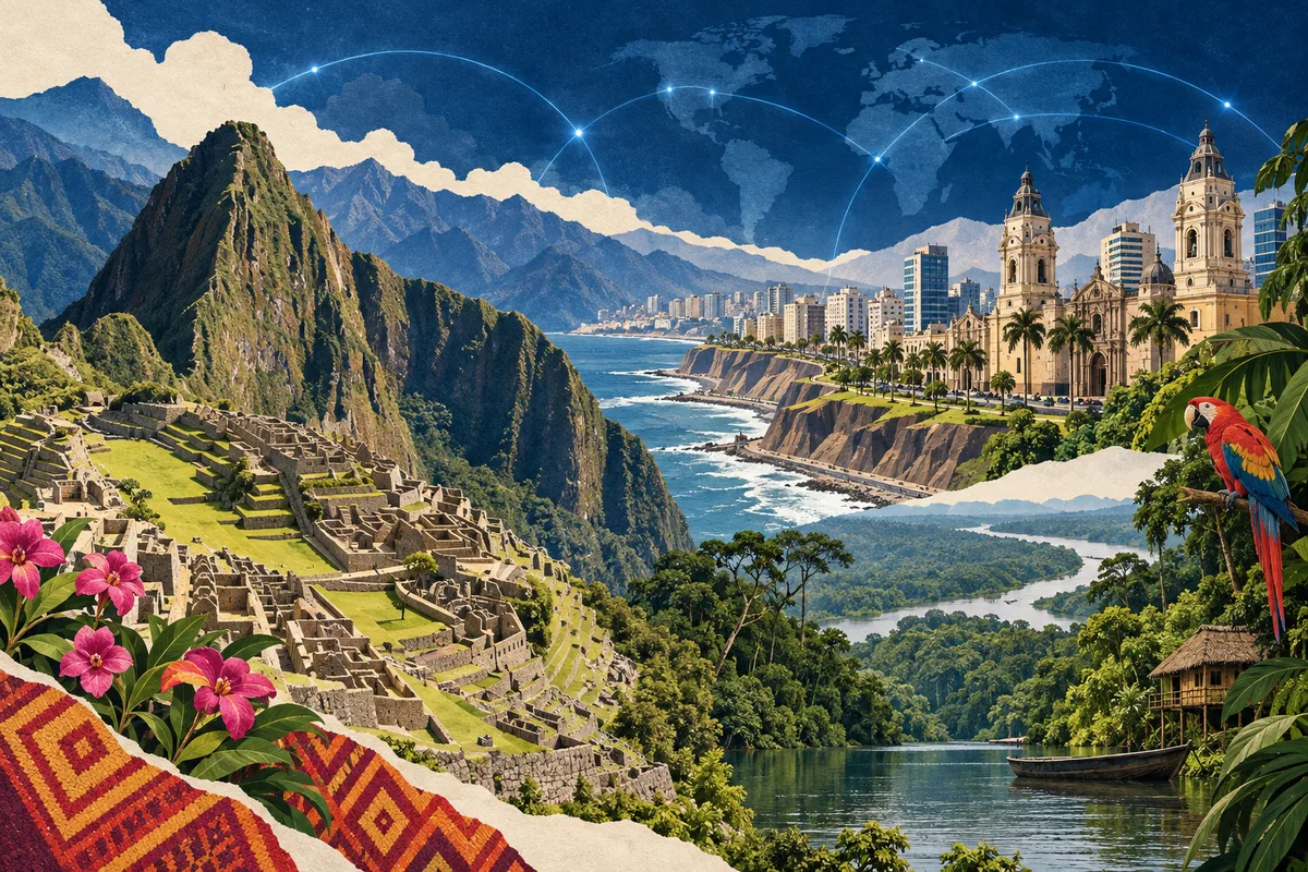 Illustrated collage of Peru, inspired by Machu Picchu, Lima, Peruvian Amazonia.