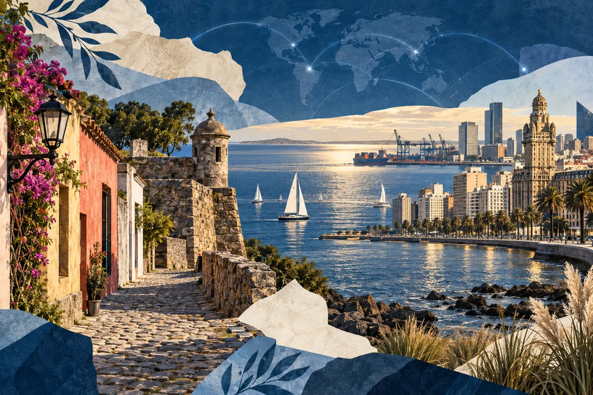 Illustrated collage of Uruguay, inspired by Colonia del Sacramento, Montevideo, Río de la Plata.