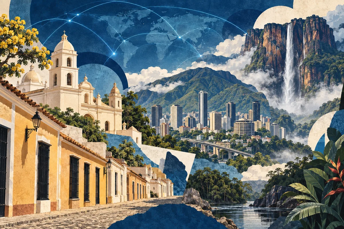 Illustrated collage of Venezuela, inspired by Coro, Venezuela, Caracas, Angel Falls.