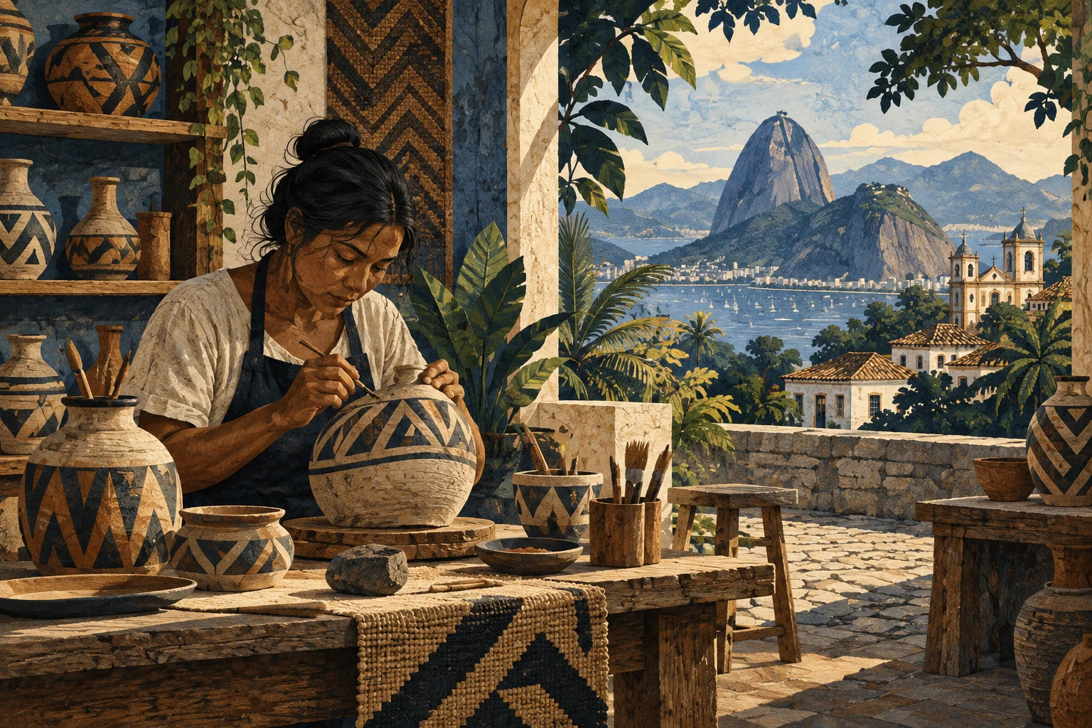 Illustration: Brazilian ceramic studio with indigenous-inspired geometric vessels, no sacred motifs