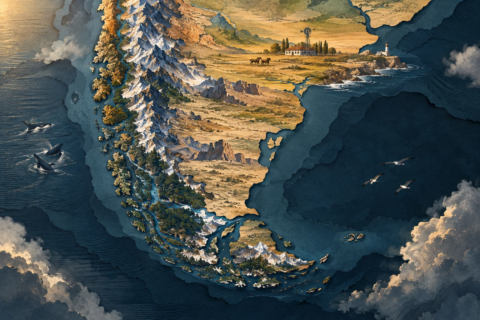 Illustration: Southern South America tapering to Patagonia and Tierra del Fuego